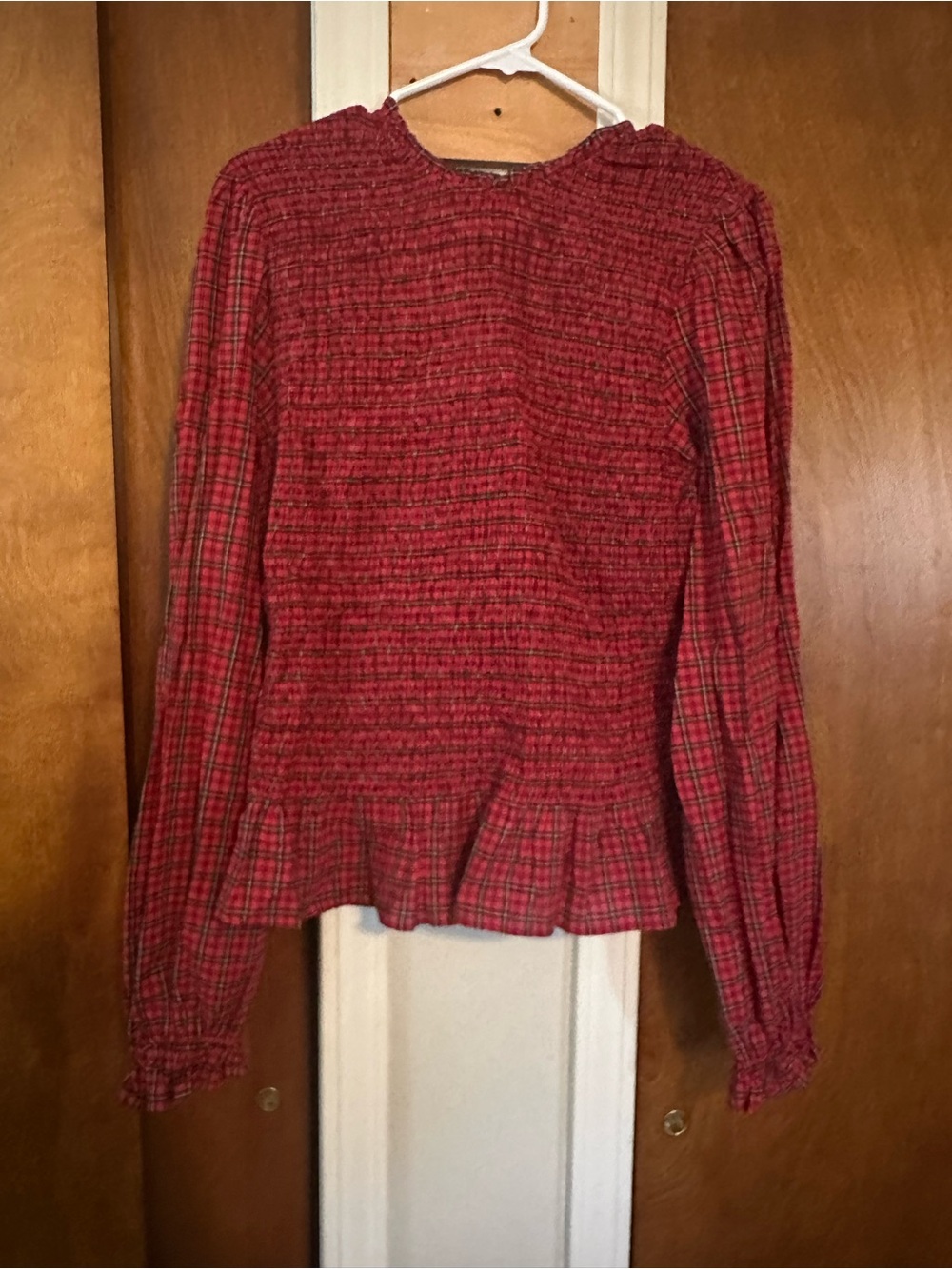Old Navy Red Plaid Peplum Long-Sleeve Blouse